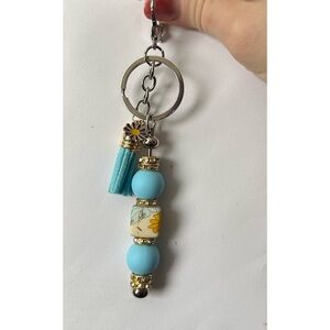 Blue and Gold Beaded Keychain
